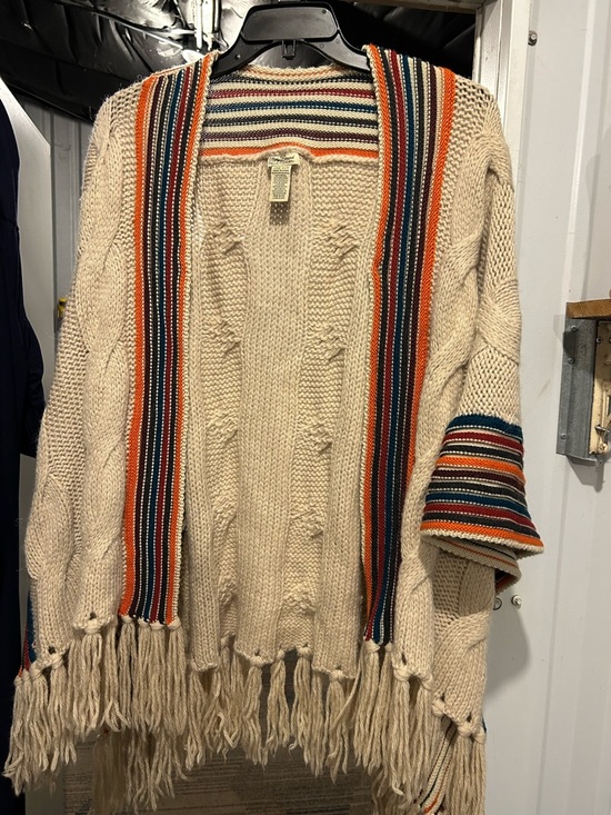 Lucky Brand Sweaters - Lucky Brand Cream Knit Fringe Poncho with Orange and Blue Stripes